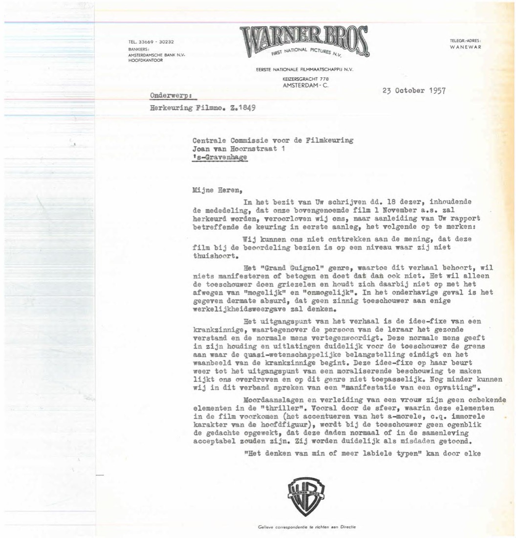 Beroepsbrief van Warner Bros